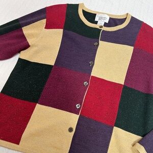 VINTAGE CHRISTOPHER & BANKS holiday color block cardigan sweater sz L, green